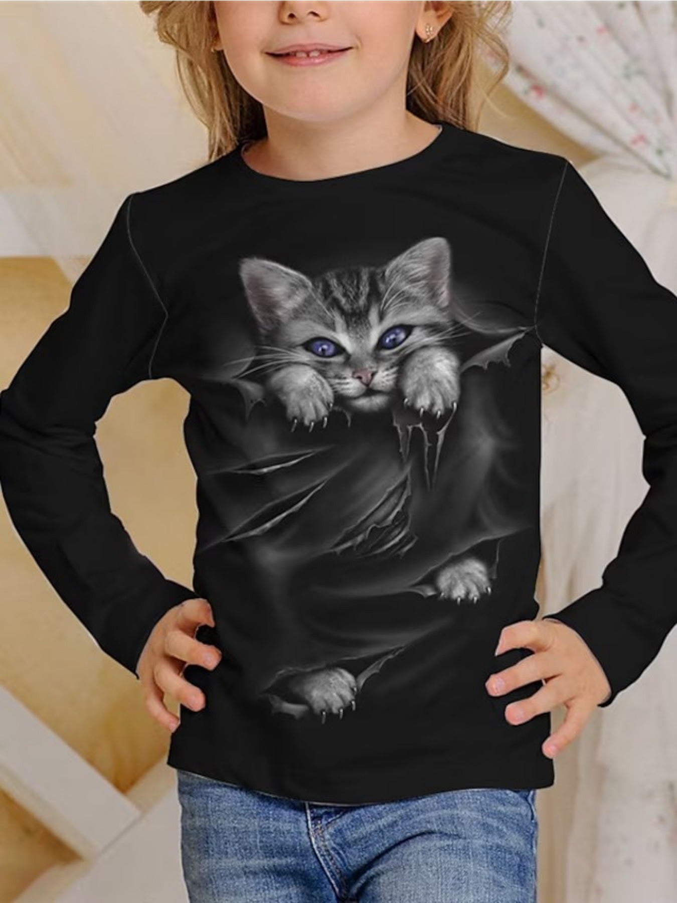 Cat Graphic Long Sleeve T shirt For Girls Spring Fall Gift