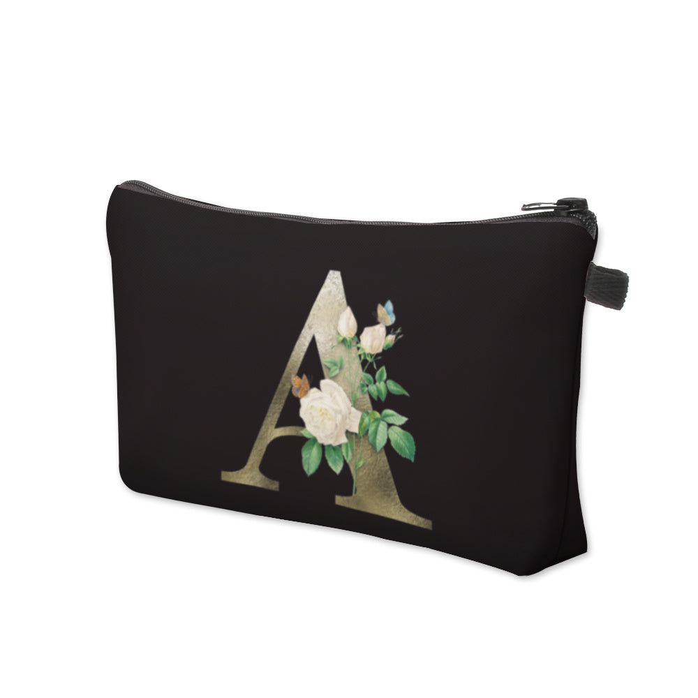 3D Floral Letter Pattern Cosmetic Bag Travel Toiletry Bag for Women