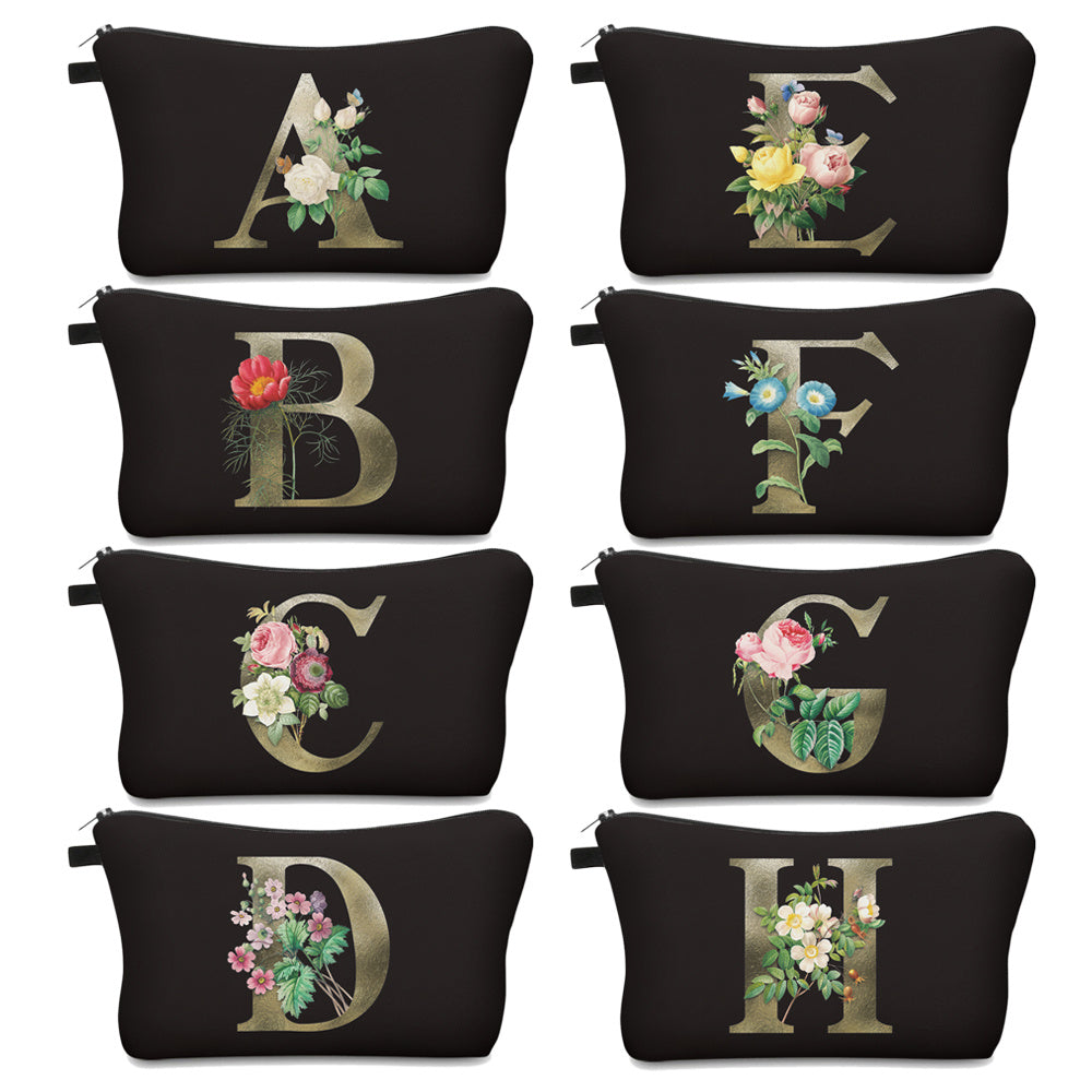 3D Floral Letter Pattern Cosmetic Bag Travel Toiletry Bag for Women