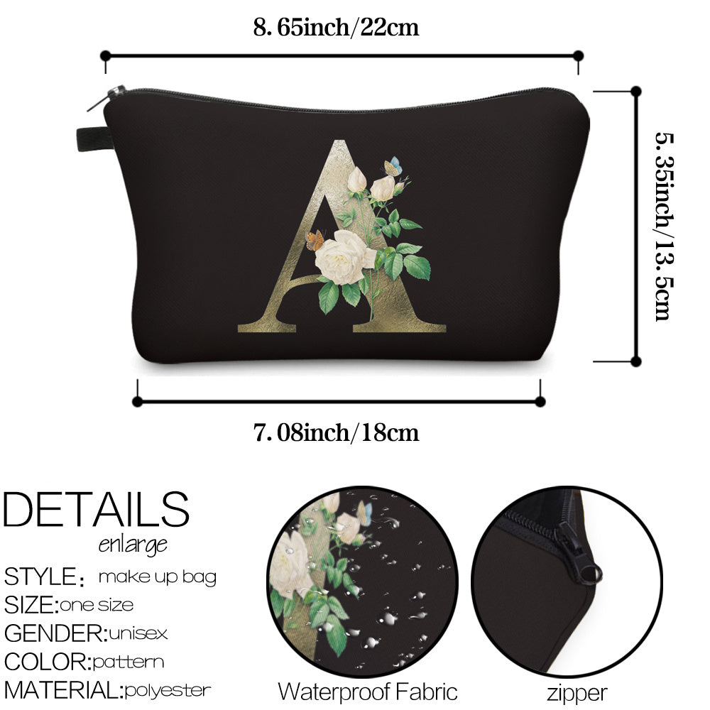 3D Floral Letter Pattern Cosmetic Bag Travel Toiletry Bag for Women