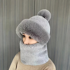 Winter Warm Beanie With Pom Plush Neck Gaiter Mask Windproof Ski Hat