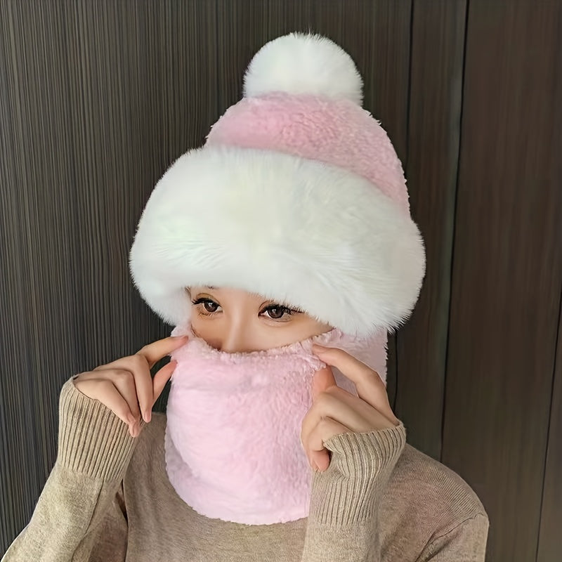 Winter Warm Beanie With Pom Plush Neck Gaiter Mask Windproof Ski Hat