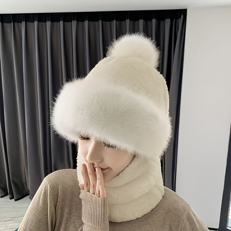 Winter Warm Beanie With Pom Plush Neck Gaiter Mask Windproof Ski Hat