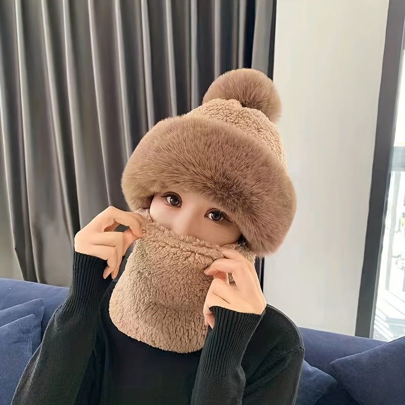 Winter Warm Beanie With Pom Plush Neck Gaiter Mask Windproof Ski Hat