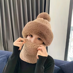 Winter Warm Beanie With Pom Plush Neck Gaiter Mask Windproof Ski Hat