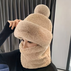 Winter Warm Beanie With Pom Plush Neck Gaiter Mask Windproof Ski Hat