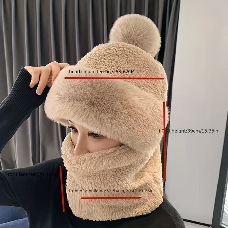 Winter Warm Beanie With Pom Plush Neck Gaiter Mask Windproof Ski Hat