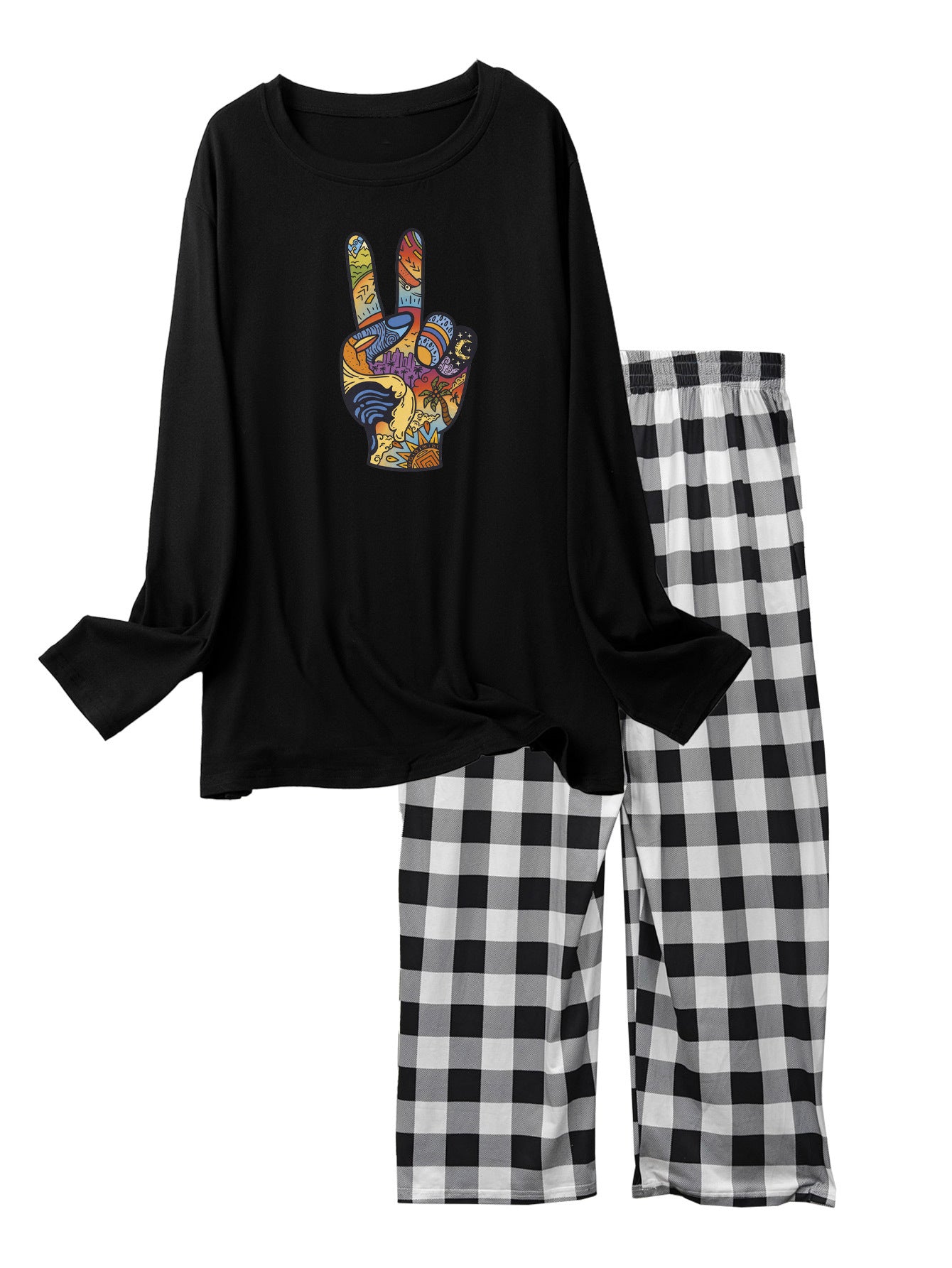 Gesture Print Pajama Set Long Sleeve Crew Neck Top & Elastic Waistband Pants