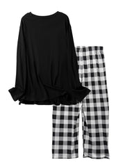 Gesture Print Pajama Set Long Sleeve Crew Neck Top & Elastic Waistband Pants