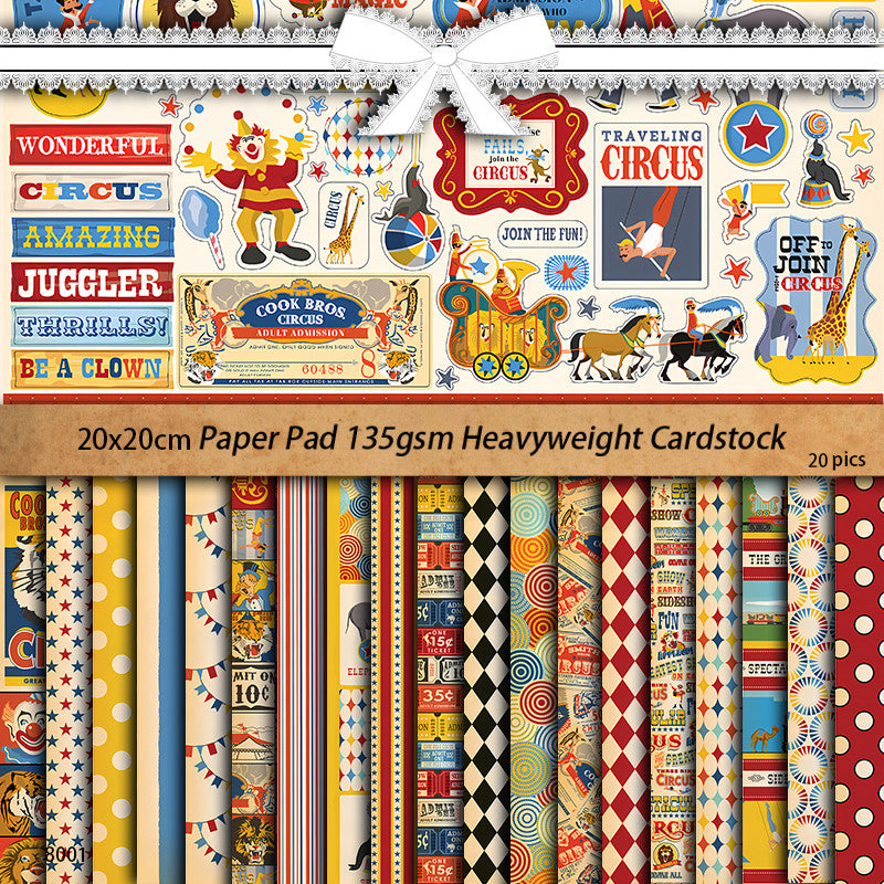 20pcs Circus Material Paper Retro Journal for DIY Gift Arts Crafts