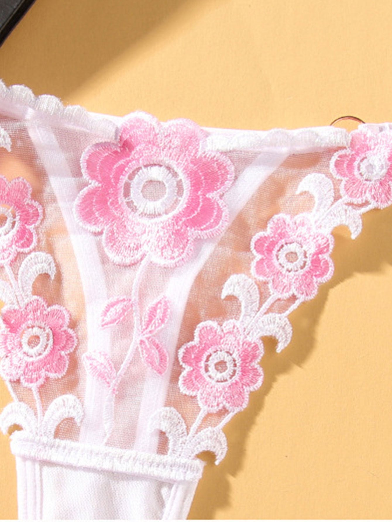 5pcs Floral Embroidery Thongs Mesh Panties Women's Lingerie