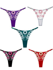 5pcs Floral Embroidery Thongs Mesh Panties Women's Lingerie
