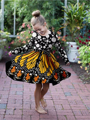 3D Butterfly Print Crew Neck Long Sleeve Dress Girls