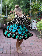 3D Butterfly Print Crew Neck Long Sleeve Dress Girls