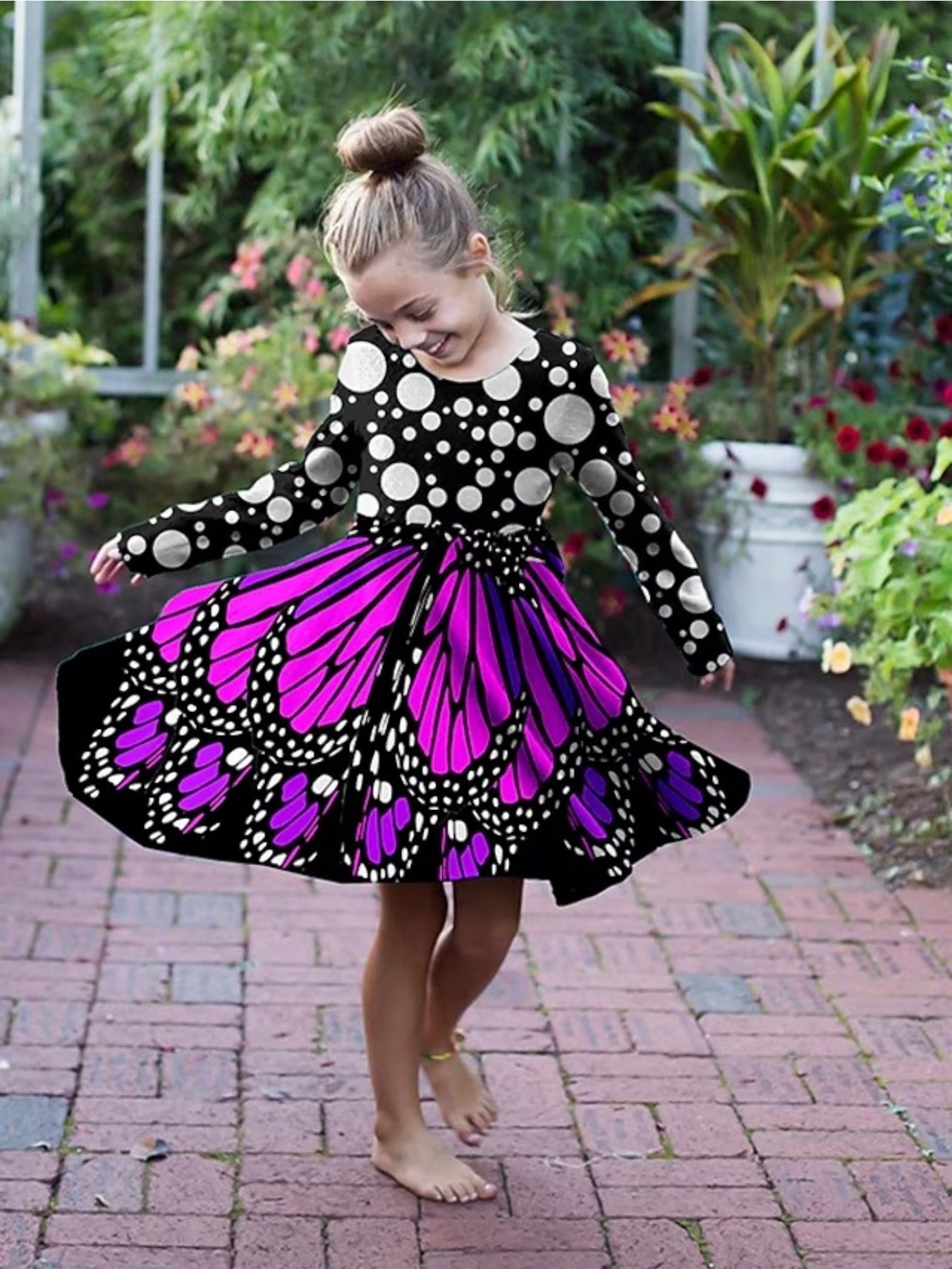 3D Butterfly Print Crew Neck Long Sleeve Dress Girls