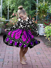 3D Butterfly Print Crew Neck Long Sleeve Dress Girls