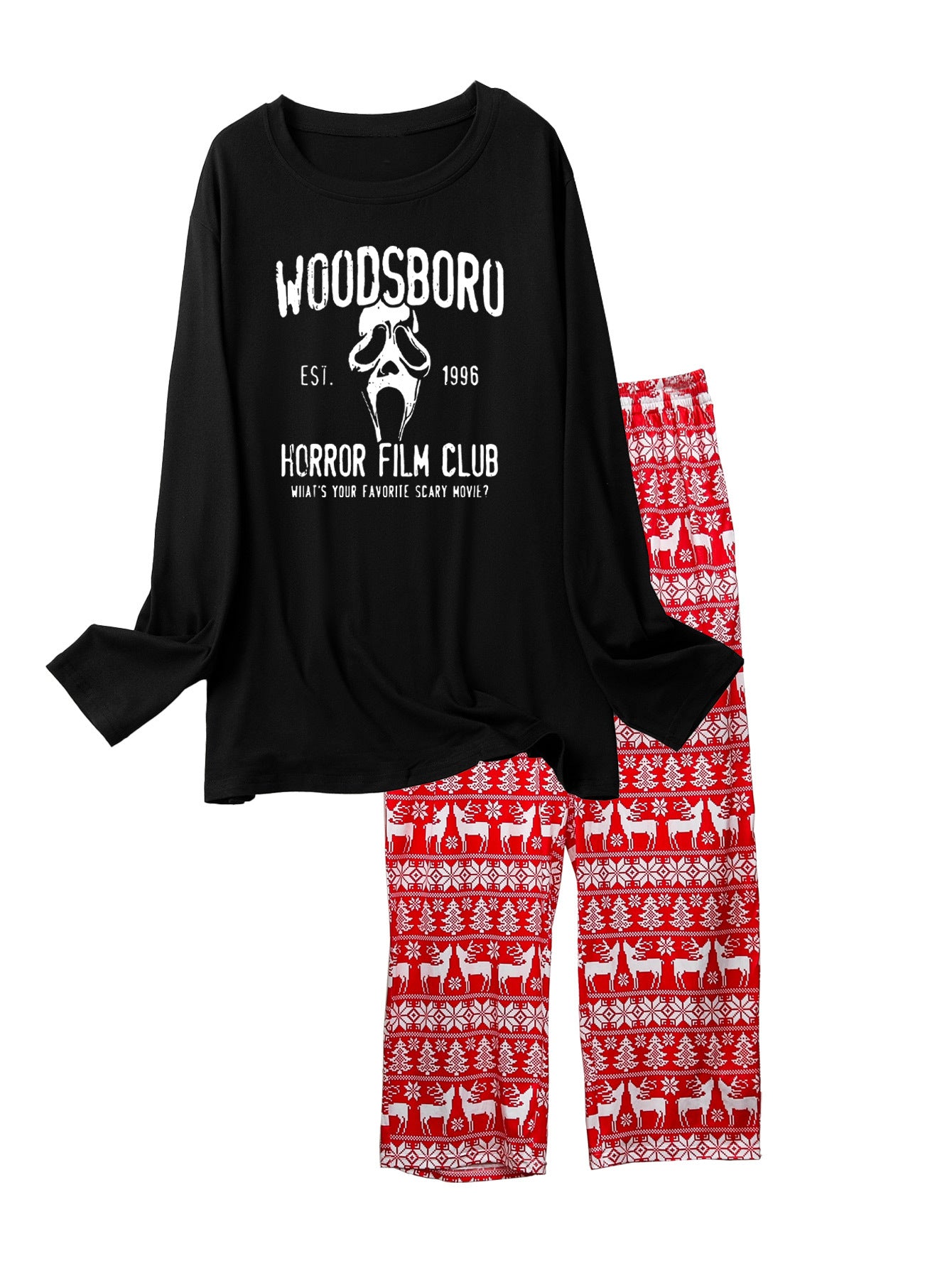 Scary Face Print Pajama Set Long Sleeve Crew Neck Top & Loose Pants