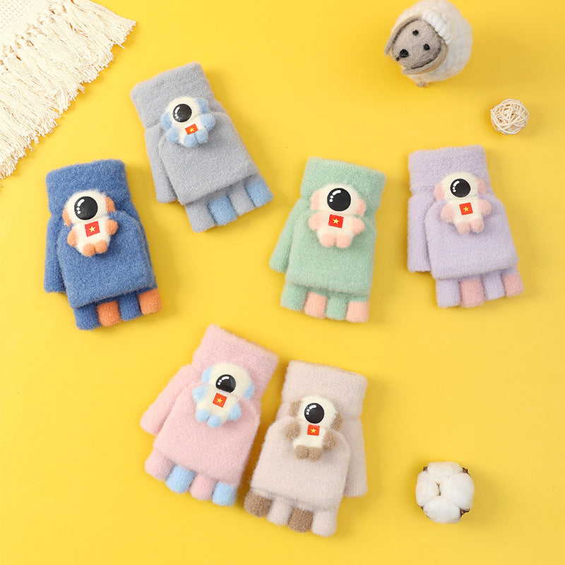Winter Cartoon Astronaut Half Finger Gloves for Kids