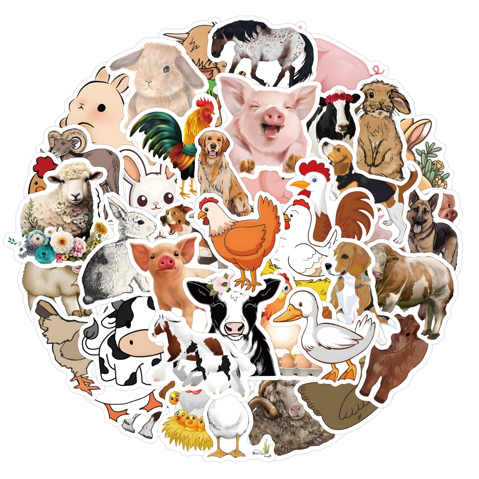 60pcs Cartoon Farm Animal Stickers DIY Skateboard Laptop Water Cup Luggage Fun