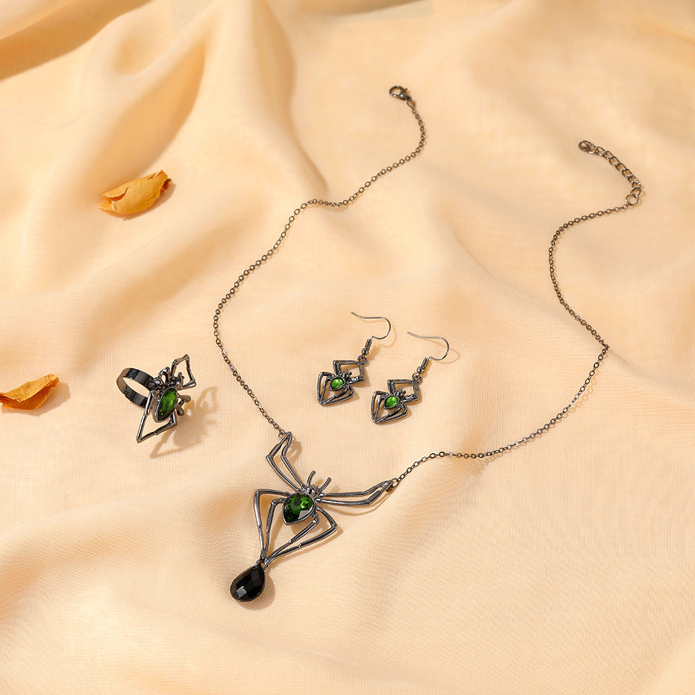 3pcs Halloween Jewelry Exaggerated Spider Set Retro Emerald Accessories