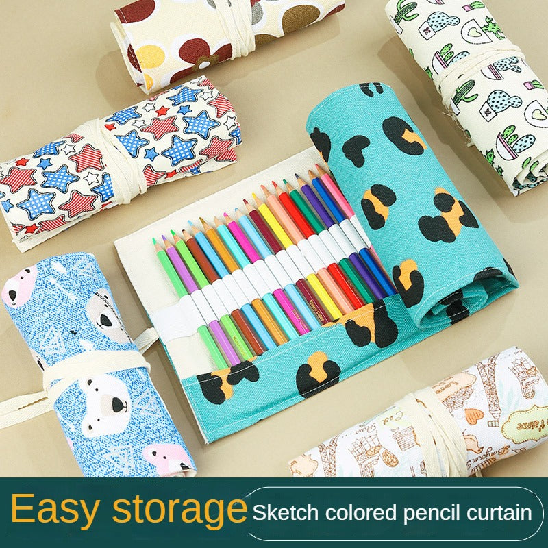 Canvas Pen Curtain 72 Holes Large Capacity Cat Cartoon Men And Women Pen Bag