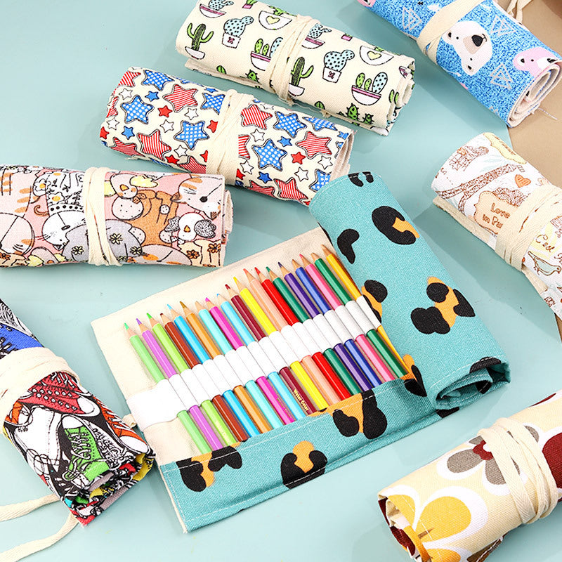 Canvas Pen Curtain 72 Holes Large Capacity Cat Cartoon Men And Women Pen Bag
