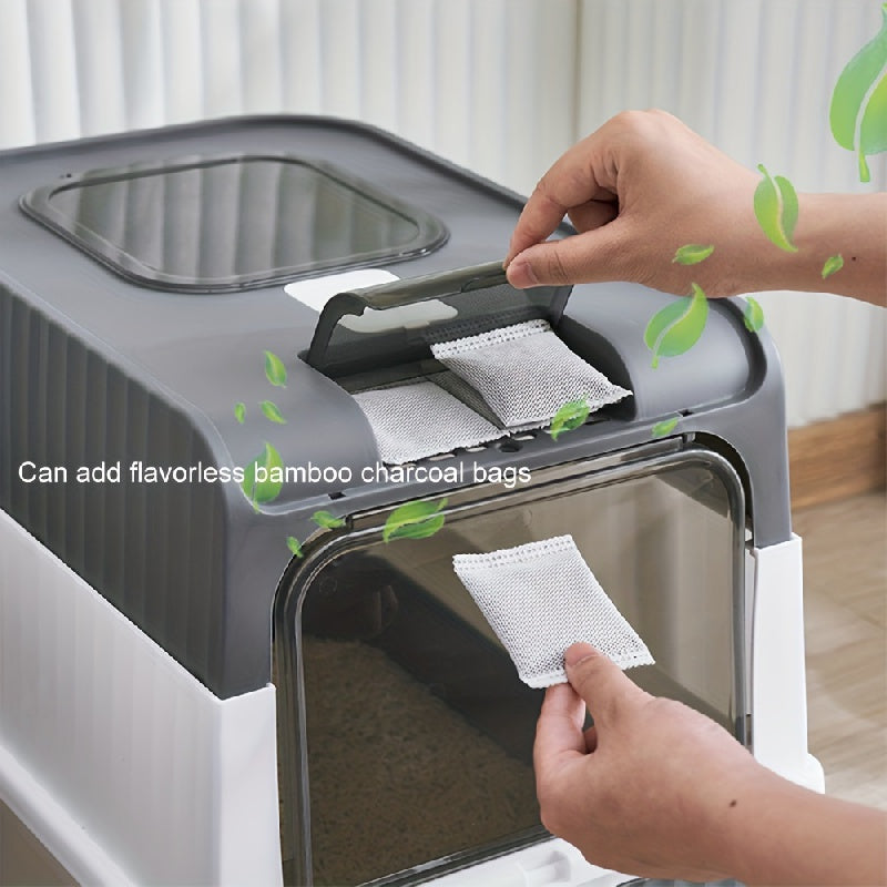 Enclosed Cat Litter Box Anti Splash Front Flap Door & Toy Entry