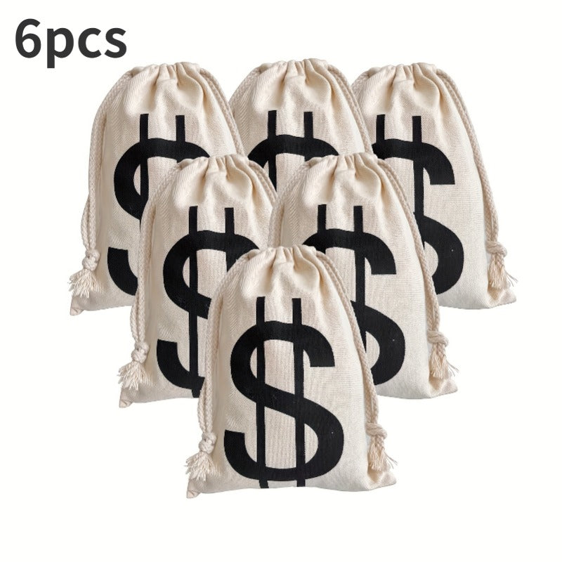 6pcs Dollar Canvas Drawstring Money Bags With Dollar Sign