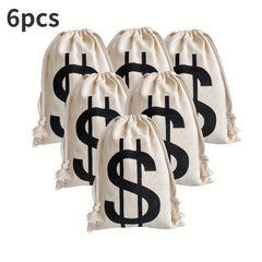 6pcs Dollar Canvas Drawstring Money Bags With Dollar Sign