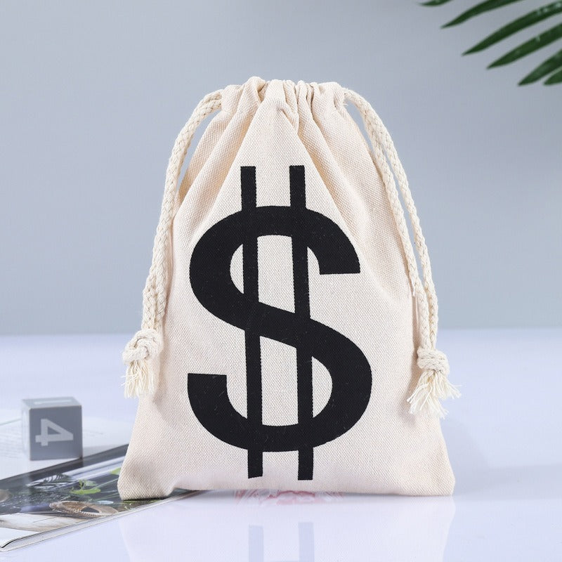 6pcs Dollar Canvas Drawstring Money Bags With Dollar Sign