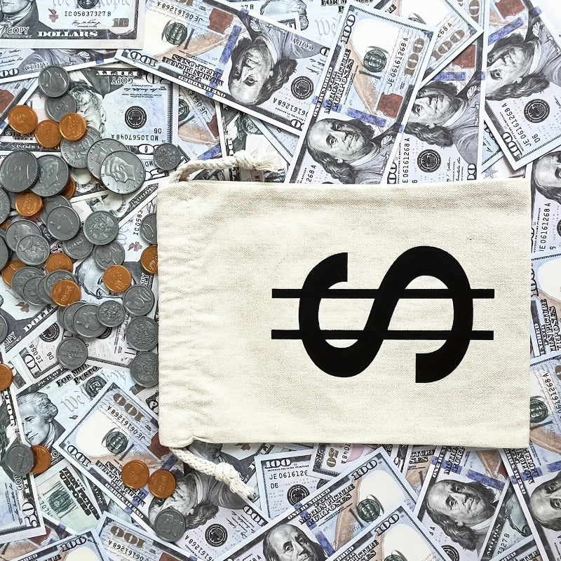 6pcs Dollar Canvas Drawstring Money Bags With Dollar Sign