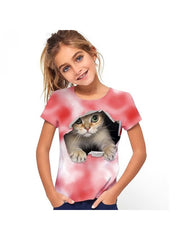Cute Cartoon Kitty Short Sleeve Tee - Girls Summer Gift