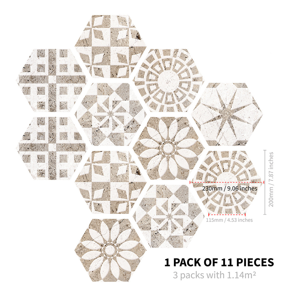 11pcs Geometric Pattern Marble Floor Stickers Waterproof Anti-slip