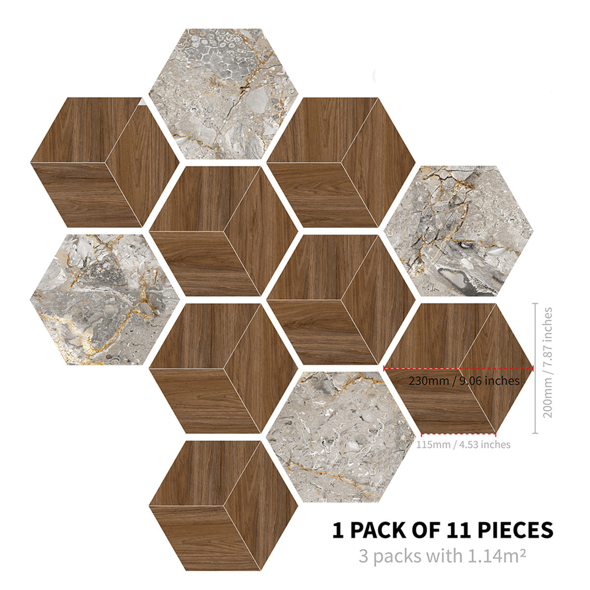 11pcs Geometric Pattern Marble Floor Stickers Waterproof Anti-slip