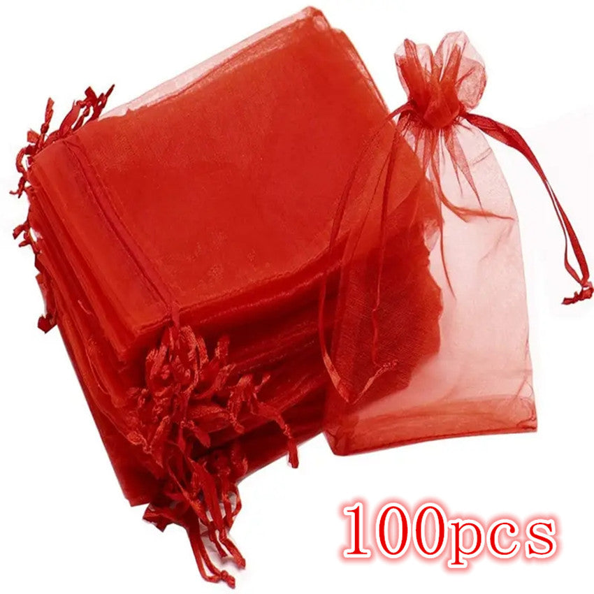 Red Organza Drawstring Storage Bag 100pcs Wedding Birthday Party Gift Bag