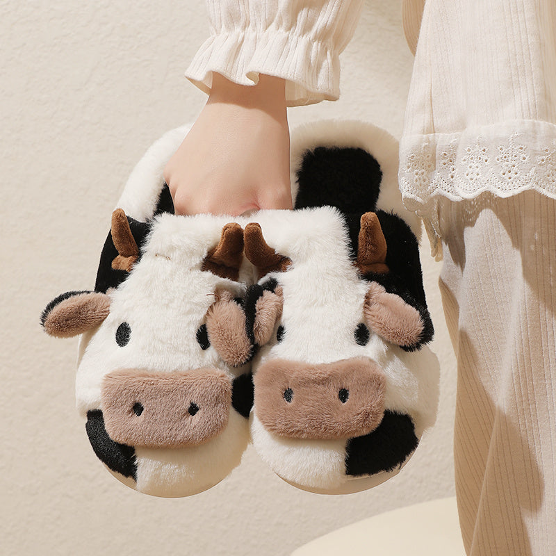 Cow Furry House Shoes Soft Non-Slip Indoor Shoes Autumn Winter