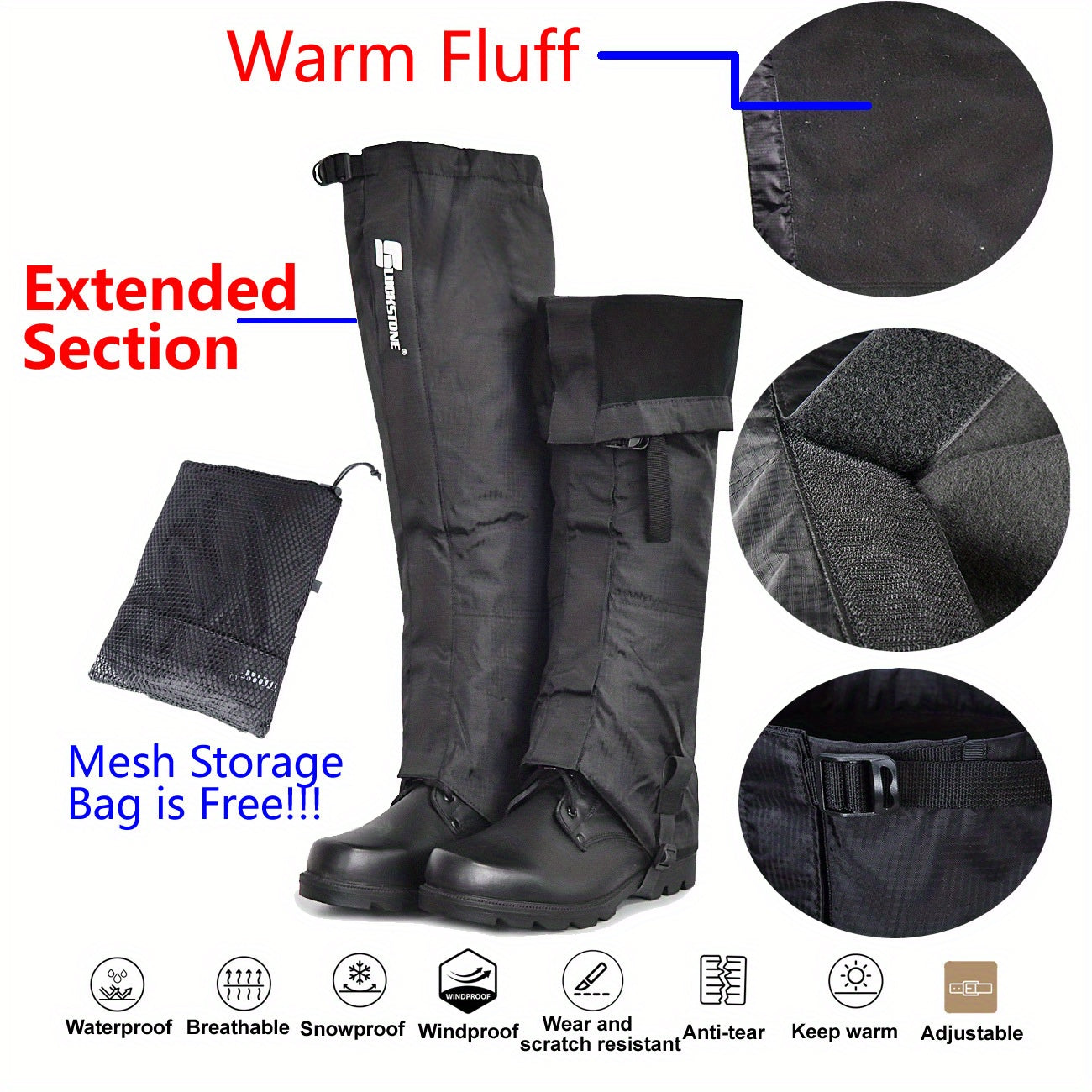 Warm Waterproof Leg Gaiters for Hiking Adjustable Snow Boot Gaiters