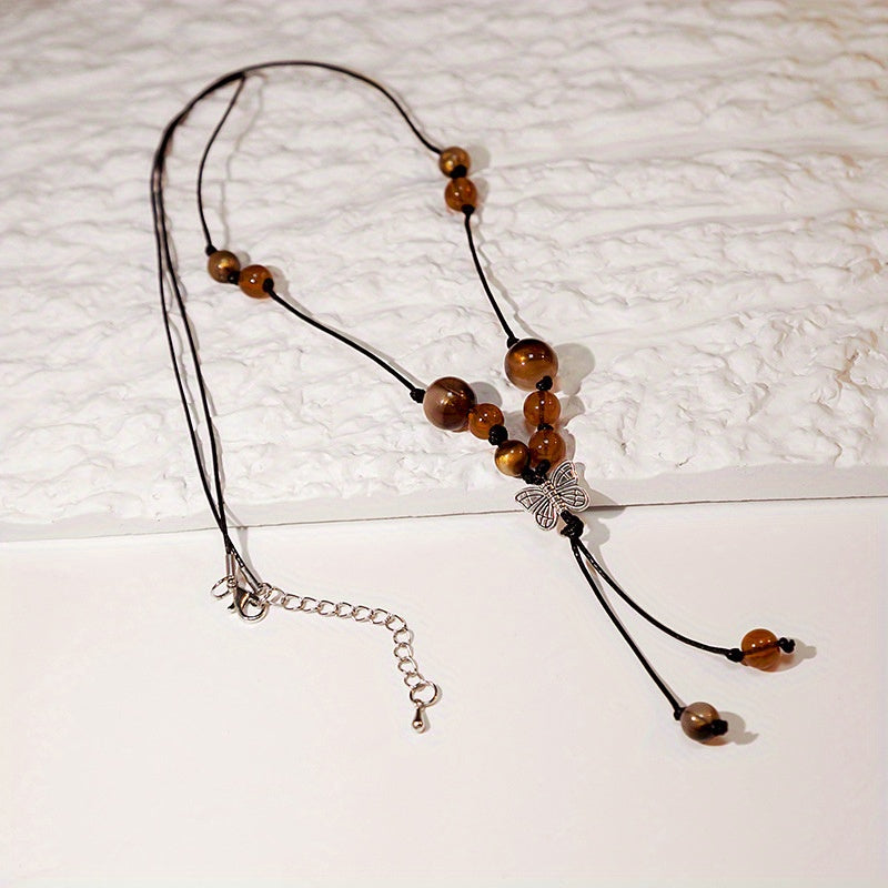 Hand Knitted Beaded Butterfly Pendant Necklace