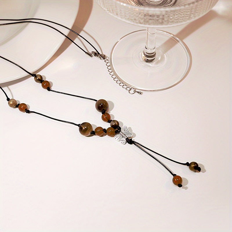 Hand Knitted Beaded Butterfly Pendant Necklace