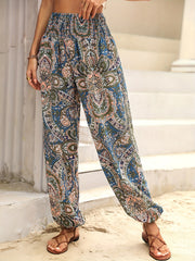 Paisley Print Shirred Waist Boho Jogger Pants Women's Clothing