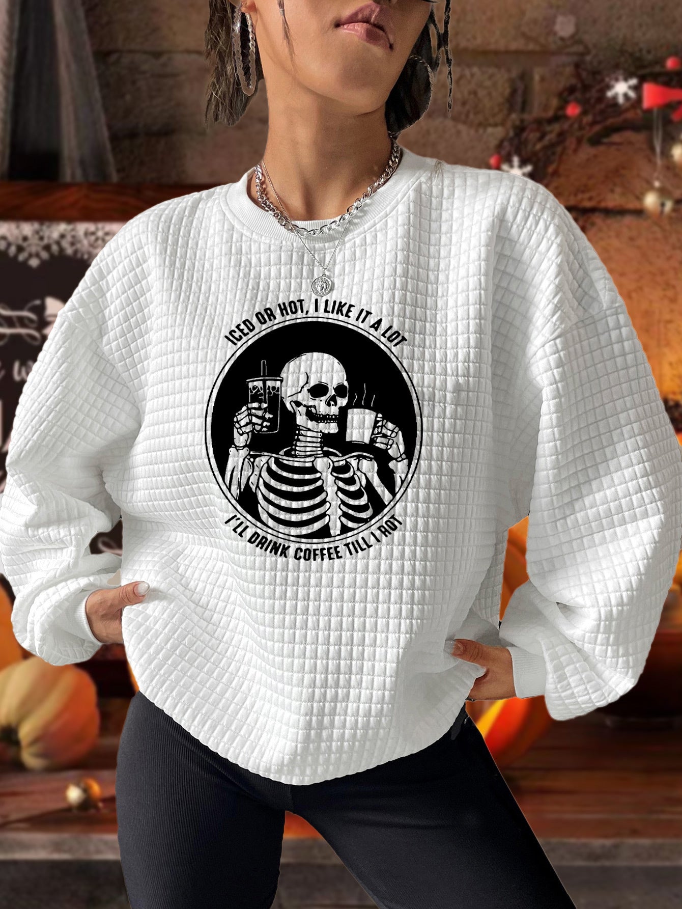 Halloween Skull Print Waffle Lounge Top Crew Neck Long Sleeve Top Women