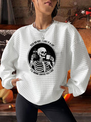 Halloween Skull Print Waffle Lounge Top Crew Neck Long Sleeve Top Women