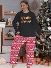 Christmas Pajamas Set Women's Hat Chicken Print Top & Striped Pants