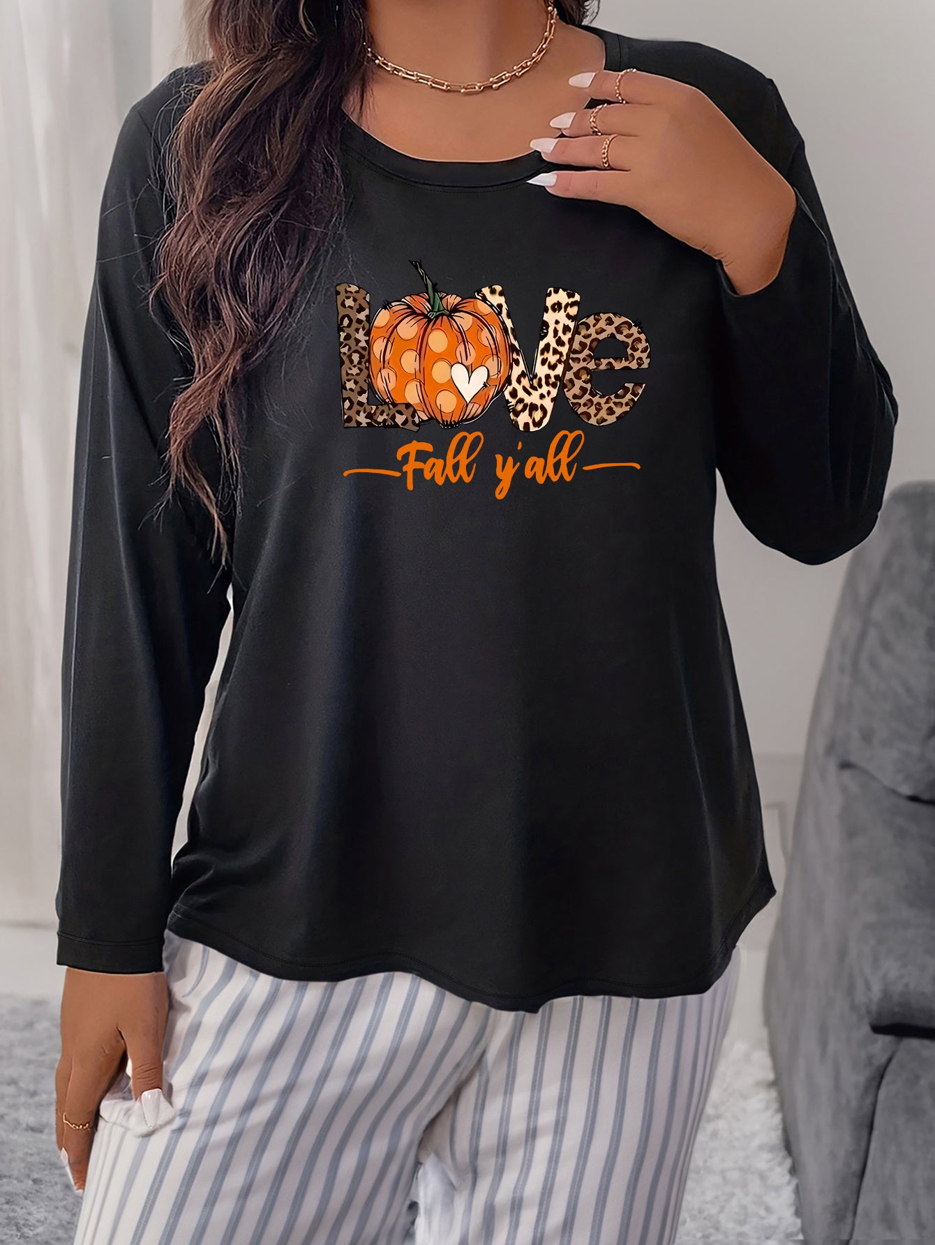 Pumpkin Print Long Sleeve Pajama Top