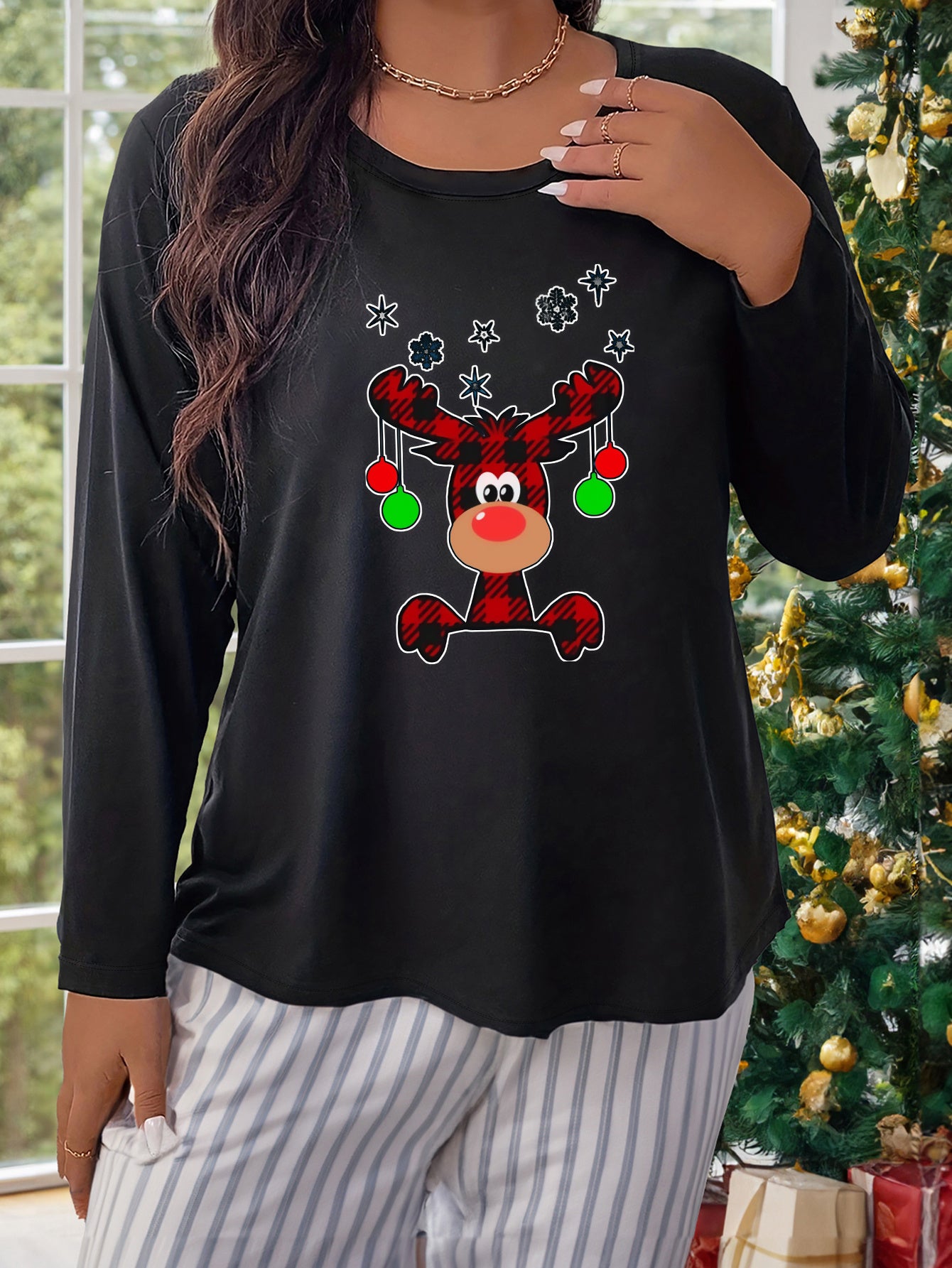 Christmas Elk Print Long Sleeve Pajama Top
