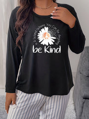 Women's Plus Floral Slogan Print Long Sleeve Round Neck Pajama Top