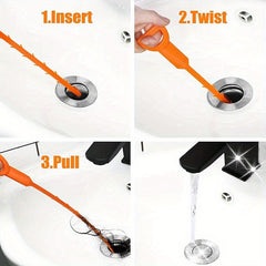 3pcs Drain Sink Snake Hair Clog Remover Cleaning Tool Orange