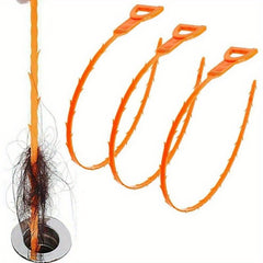 3pcs Drain Sink Snake Hair Clog Remover Cleaning Tool Orange