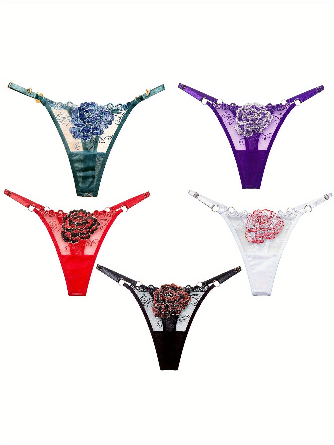 5pcs Floral Embroidery Thongs Semi Sheer Mesh Panties Women's Lingerie