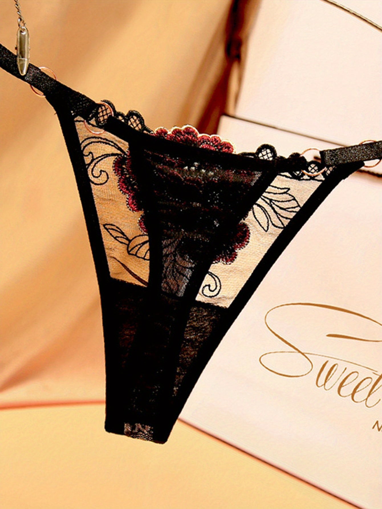 5pcs Floral Embroidery Thongs Semi Sheer Mesh Panties Women's Lingerie